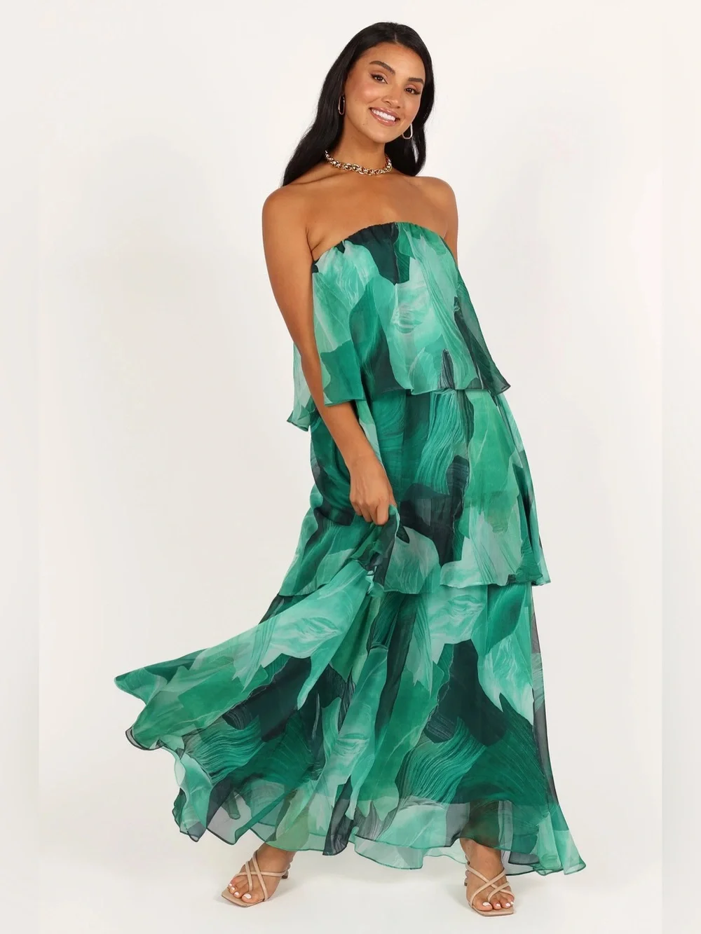Petal & Pup Bloom Strapless Maxi Dress in Green Floral M - Picture 2 of 10